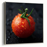 Framed canvas depicting vibrant, colorful fruit arrangements on a black background, ideal for kitchen wall decor.