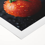 Art deco poster of assorted fruits in vibrant colors on a rolled canvas, suitable for dining room wall art.