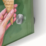 Large abstract wall art featuring colorful geometric shapes on acrylic glass, suitable for dining room decor.