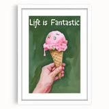 Abstract art print featuring vibrant orange and blue swirls, framed in white, suitable for dining room decor.