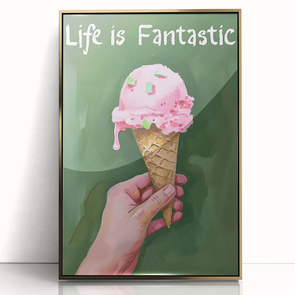 Large art print of a mid-century modernist food illustration in gold and white, framed in acrylic.