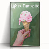 Mid-century modernist art featuring stylized fruits in vibrant colors on a silver-framed acrylic print.