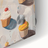 Close-up of large abstract wall art featuring assorted pastries in vibrant colors on acrylic glass.