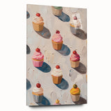 Large abstract wall art of assorted pastries in vibrant colors on acrylic glass, ideal for bedroom or dining room decor.