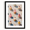 Extra large abstract art print featuring colorful pastries in a black frame with mat, ideal for living room decor.