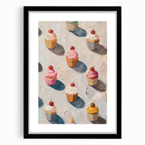 Extra large abstract art print featuring colorful pastries in a black frame with mat, ideal for living room decor.