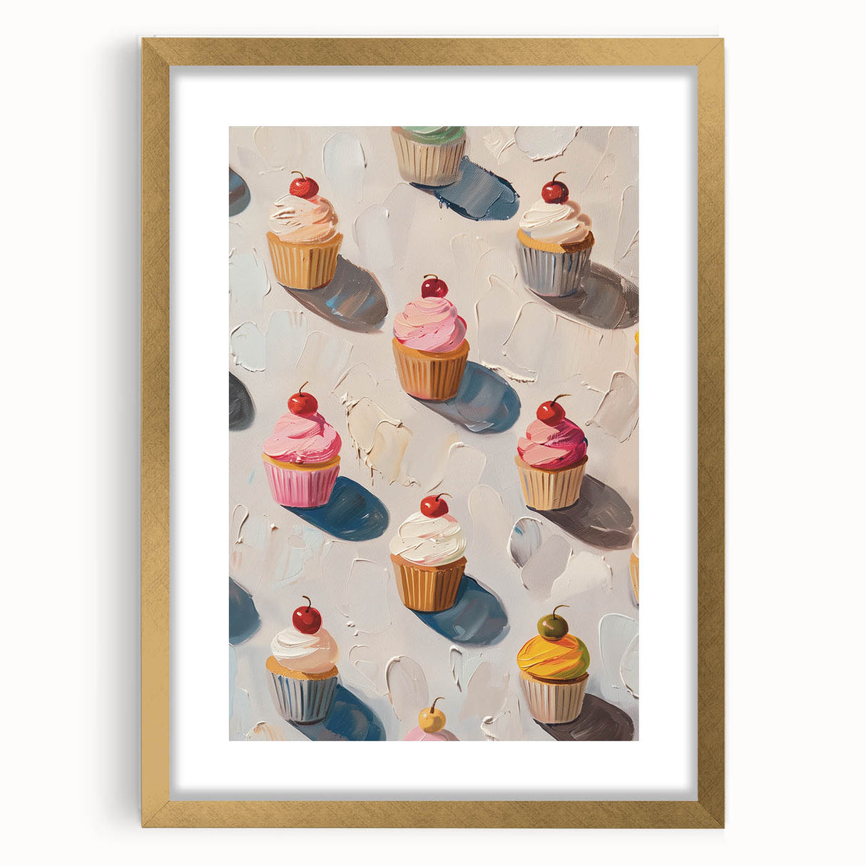 Extra large wall art featuring abstract art prints of pastries in textured gold frame, ideal for living room decor.