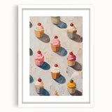 Abstract art print of assorted pastries in muted pastel colors on a white framed poster, ideal for dining room decor.