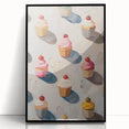 Large abstract wall art featuring assorted pastries in muted colors, framed in black acrylic, ideal for kitchen decor.