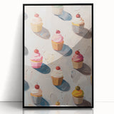 Large abstract wall art featuring assorted pastries in muted colors, framed in black acrylic, ideal for kitchen decor.