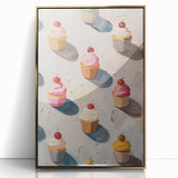 Large art print of assorted pastries in gold-framed acrylic, featuring mid-century modernist style.