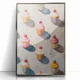 Mid-century modernist art depicting assorted pastries in muted colors on a framed acrylic, ideal for nursery wall art.