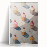 Acrylic framed poster of assorted pastries in art deco style, with pastel color palette, ideal for modern kitchen decor.