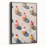Black and white framed canvas featuring vintage poster art of assorted pastries, ideal for bedroom decor.