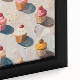 Framed canvas featuring an extra-large close-up of colorful pastries on a black background.