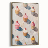 Framed canvas featuring vintage poster art of assorted pastries in muted gold and black tones, ideal for bedroom wall decor.