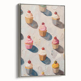 Vintage poster art featuring a landscape of colorful pastries on a black background, framed in silver canvas.