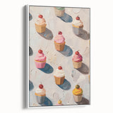 Vintage poster art of colorful pastries on a large framed canvas, ideal for living room decor.