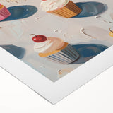 Art deco poster featuring assorted pastries in muted colors on rolled canvas, ideal for dining room wall art.