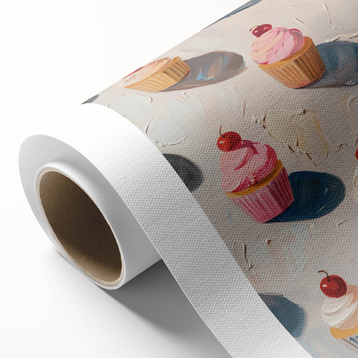Art deco poster featuring an array of pastries in soft pastel colors on rolled canvas.