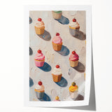 Rolled print of assorted pastries in soft watercolor hues on a white background, suitable as art wall dining room decor.