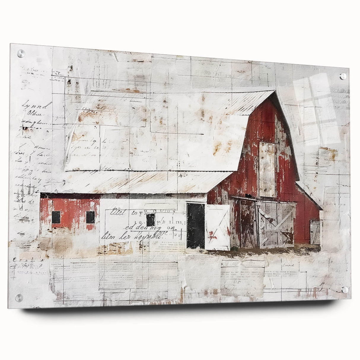 Landscape barn wall art displayed in a side view, showcasing vibrant colors and intricate details, held up with decorative pins on a sleek acrylic glass surface. Perfect for rustic home decor enthusiasts looking to enhance their space with a charming, nature-inspired piece.