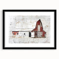 Black-framed landscape barn wall art featuring a serene rural scene, elegantly matted for a polished look, perfect for home decor in modern or rustic settings.