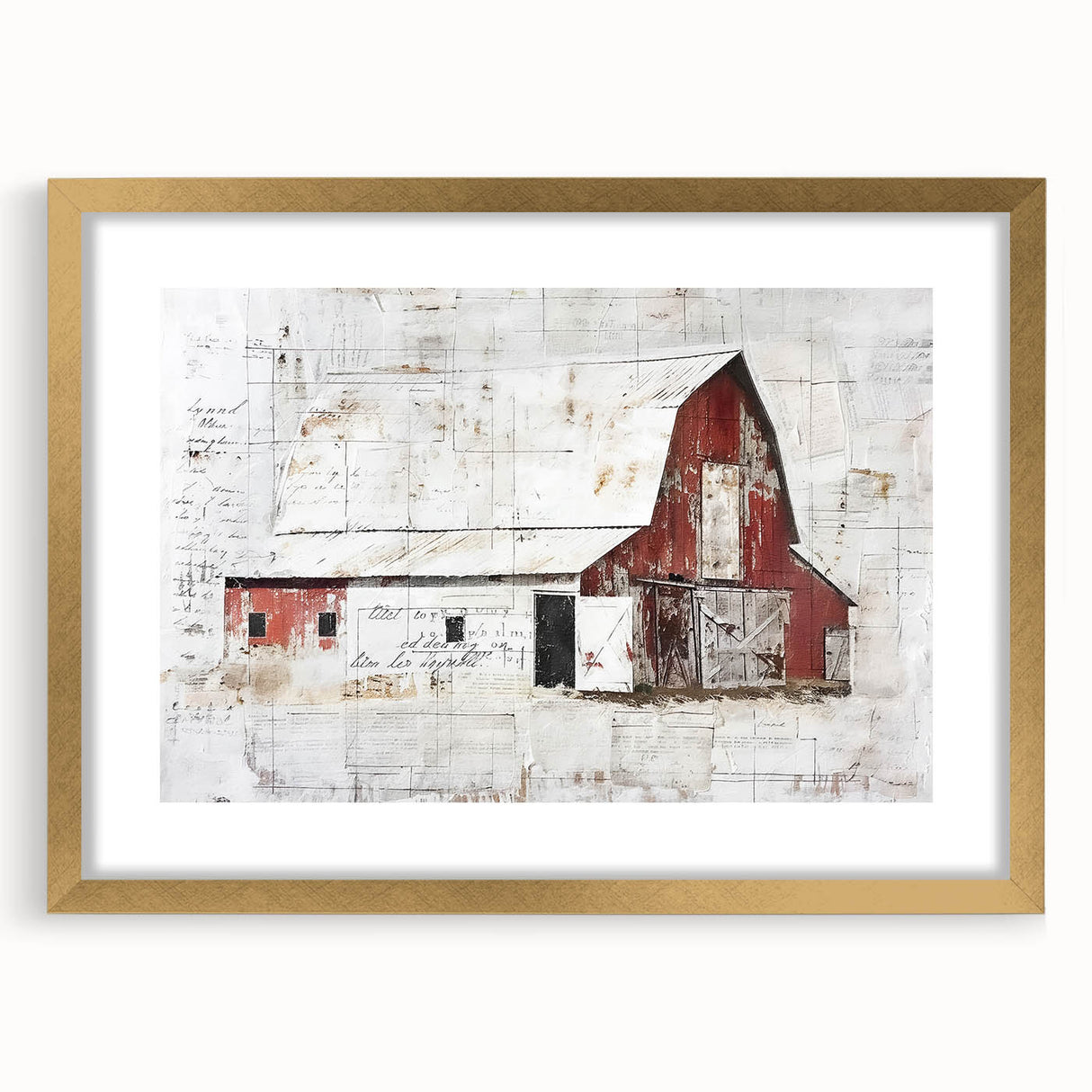 Elegant landscape barn wall art framed in gold with a mat, showcasing a rustic scene that enhances any home decor, ideal for country-themed interiors.
