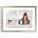 Landscape barn wall art framed in silver with a white mat, showcasing a rustic aesthetic perfect for home decor. Ideal for adding charm to any space.
