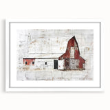Framed barn landscape wall art with a white mat, showcasing a serene rural scene. Ideal for home decor, bringing a rustic charm to any room.