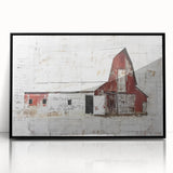 Framed acrylic wall art depicting a serene landscape with a rustic barn, showcasing warm earthy tones, perfect for enhancing home decor with a countryside aesthetic.
