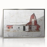 Framed acrylic wall art showcasing a serene landscape of a rustic barn, featuring silver accents and a modern design, perfect for enhancing home decor.