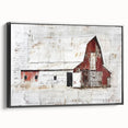 Framed canvas wall art featuring a landscape design with a rustic barn theme, showcasing earthy colors and detailed textures, perfect for farmhouse decor.