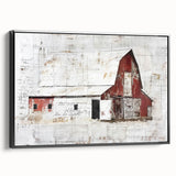 Framed canvas wall art featuring a landscape design with a rustic barn theme, showcasing earthy colors and detailed textures, perfect for farmhouse decor.