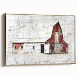 Framed landscape barn wall art in a gold frame, showcasing rustic charm with vibrant colors and detailed textures, ideal for farmhouse decor.