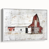 Framed landscape barn wall art showcasing a serene countryside scene with rustic charm; features subtle earth tones and a white frame, perfect for home decor.