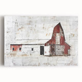 Stretched canvas wall art depicting a serene landscape with a rustic barn, featuring warm earth tones and rich textures, perfect for enhancing home décor.
