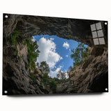 Acrylic glass artwork showcasing a vibrant landscape of canyons, viewed from the side, mounted with pins for display. Perfect for modern home decor enthusiasts.