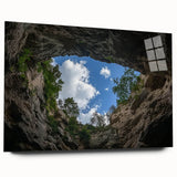 Acrylic glass artwork depicting a stunning landscape of canyons, showcasing rich earth tones and intricate details, designed for modern home decor.