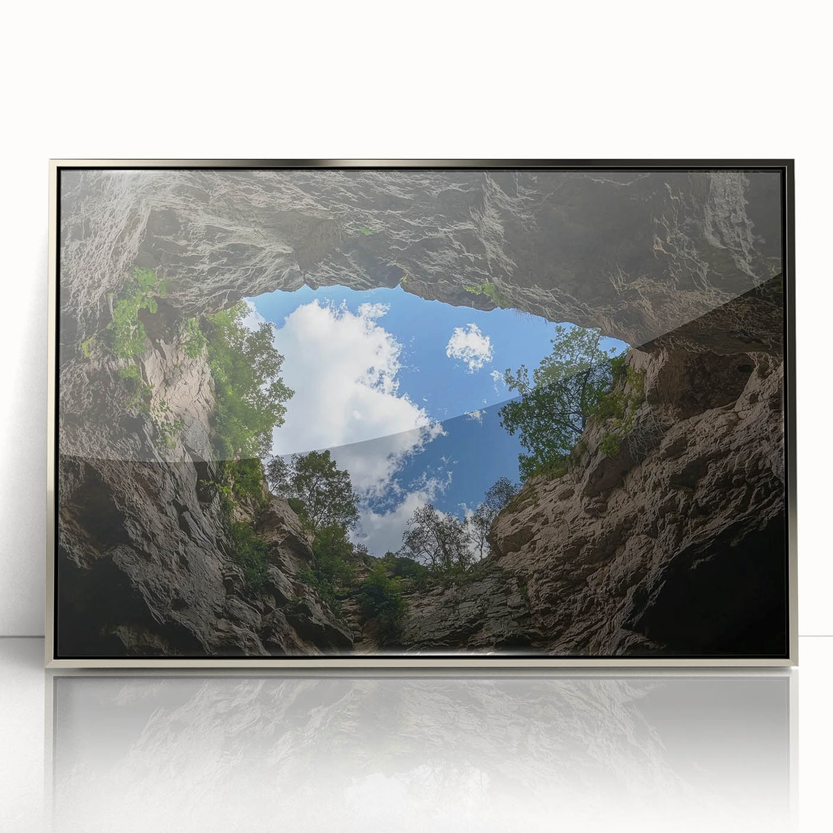 Framed acrylic artwork depicting a stunning landscape of canyons, showcasing vibrant colors and intricate details, perfect for enhancing modern home decor.
