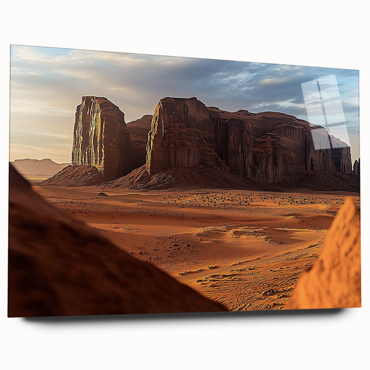 Acrylic glass artwork depicting a serene desert landscape in warm hues, showcasing rolling dunes and a clear blue sky, ideal for modern home decor.