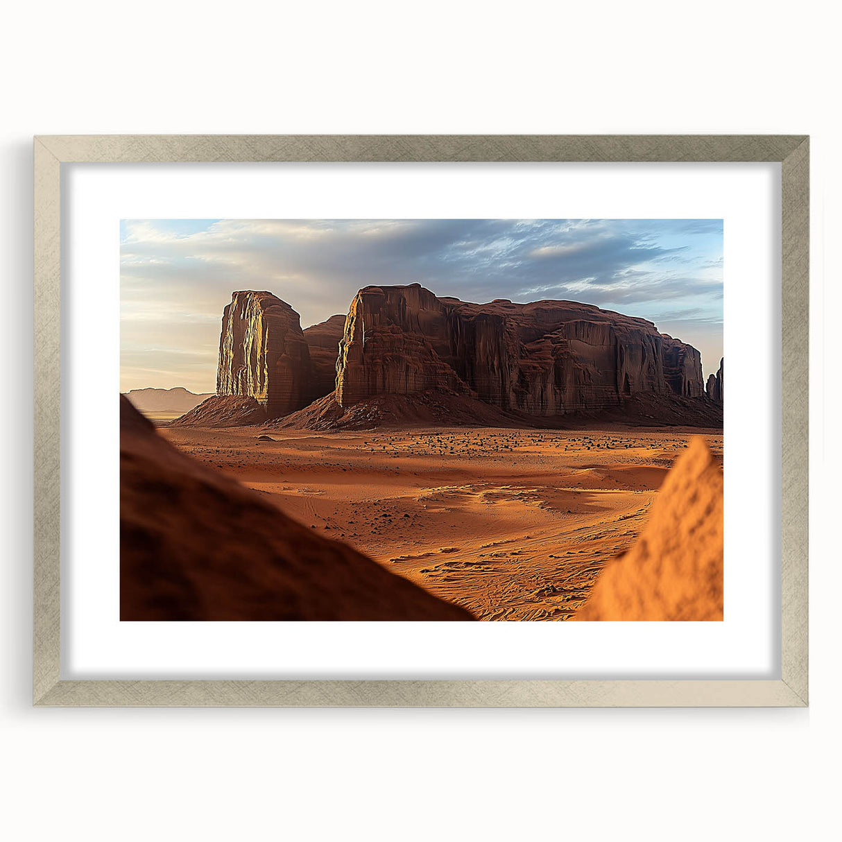 Desert landscape framed art print with a silver mat, showcasing warm tones of sandy hues and blue skies, perfect for modern home decor. Ideal for adding a serene touch to living spaces.