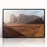 Framed acrylic artwork showcasing a vibrant desert landscape, featuring warm tones of orange and yellow, with a sleek black frame enhancing its modern aesthetic. Ideal for contemporary home decor, this piece captures the serene beauty of arid landscapes.
