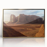 Framed acrylic artwork depicting a serene desert landscape with golden hues, perfect for modern home decor and adding a touch of elegance to any room.