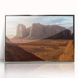 Framed acrylic artwork depicting a vibrant desert landscape with striking orange and red hues, perfect for modern home decor and enhancing any living space.