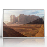 Framed acrylic artwork showcasing a stunning desert landscape with vibrant colors and intricate details, set in a sleek white frame, ideal for modern decor.