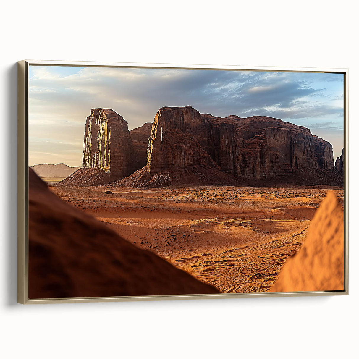 Framed canvas artwork depicting a stunning desert landscape with golden hues and intricate details. Perfect for enhancing modern home decor and creating a serene ambiance.