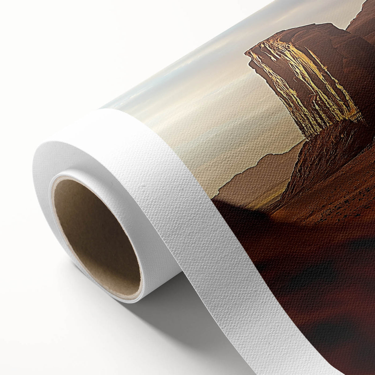 Desert landscape rolled canvas art showcasing vibrant hues of orange and yellow against a dramatic blue sky, elegantly packaged in a protective tube for safe transport.