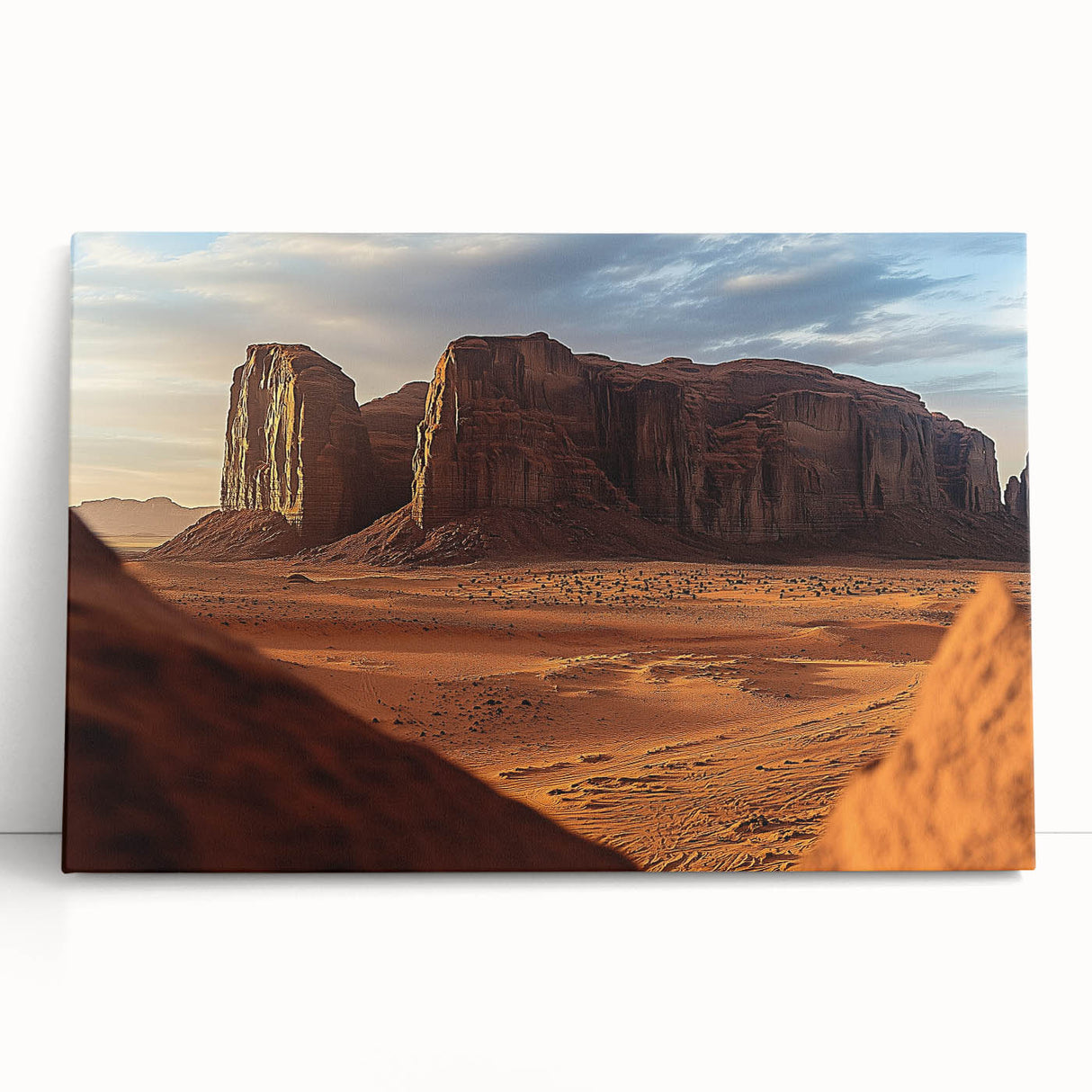 Stretched canvas artwork depicting a vibrant desert landscape with warm hues of orange and gold, leaning against a neutral-toned wall, perfect for home decor.