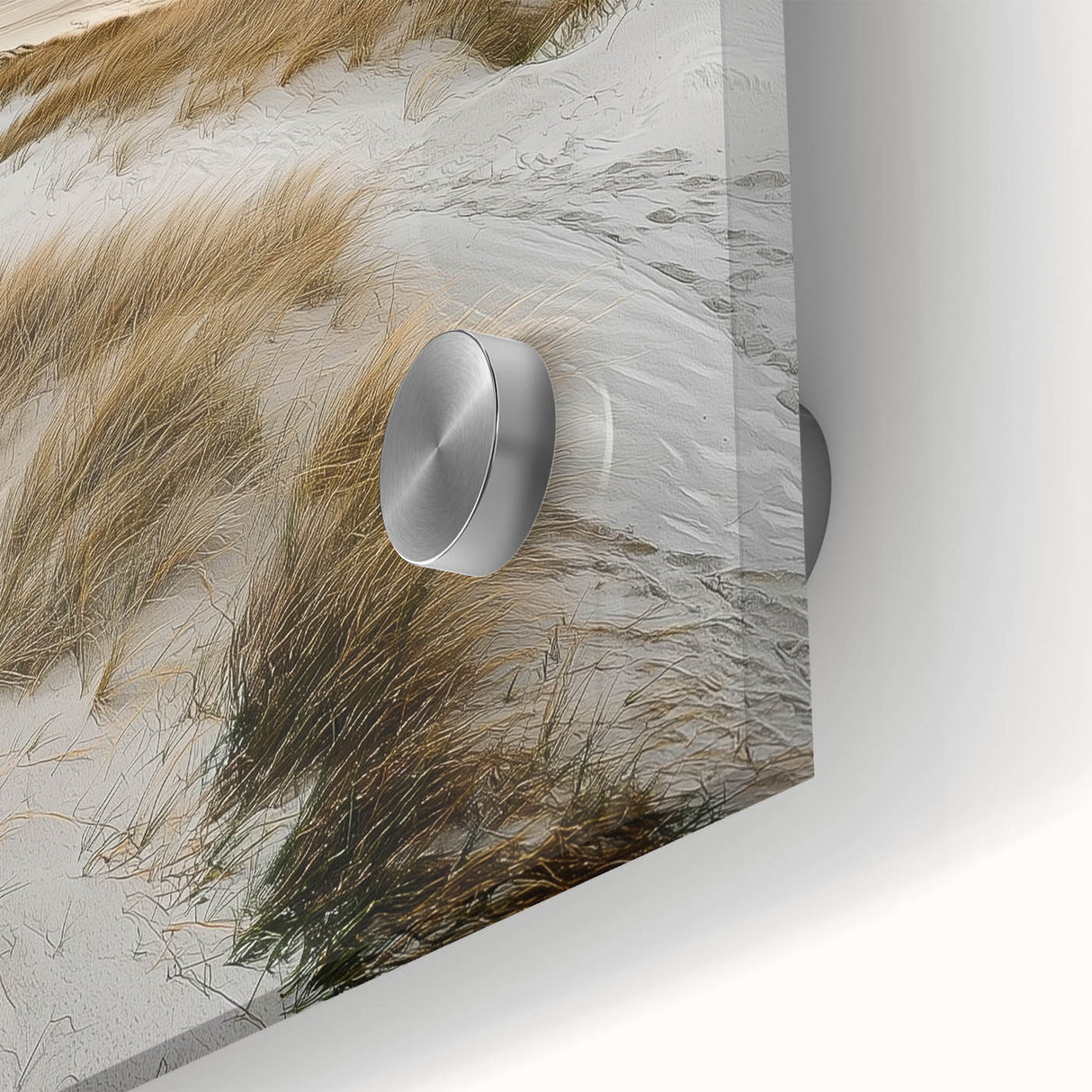 Close-up of a vibrant acrylic landscape artwork showcasing golden sand dunes under a bright blue sky, ideal for modern home decor and art enthusiasts.